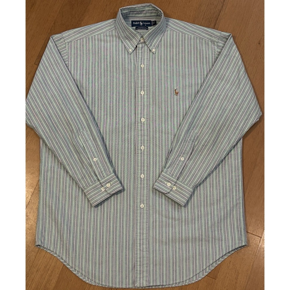 Vintage Ralph Lauren Yarmouth Oxford 15.5 32/33 Green Blue Stripe Flesh Pony
